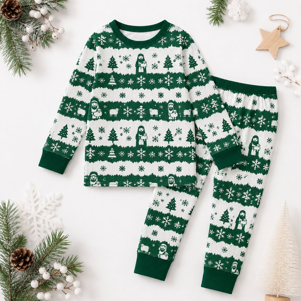 Christmas Jesus and Sheep Bamboo Kids Pajamas Set, Christian Fair Isle PJs, Boys Girls Faith Inspired Sleepwear, Christmas Pajamas Set BBPJSS27