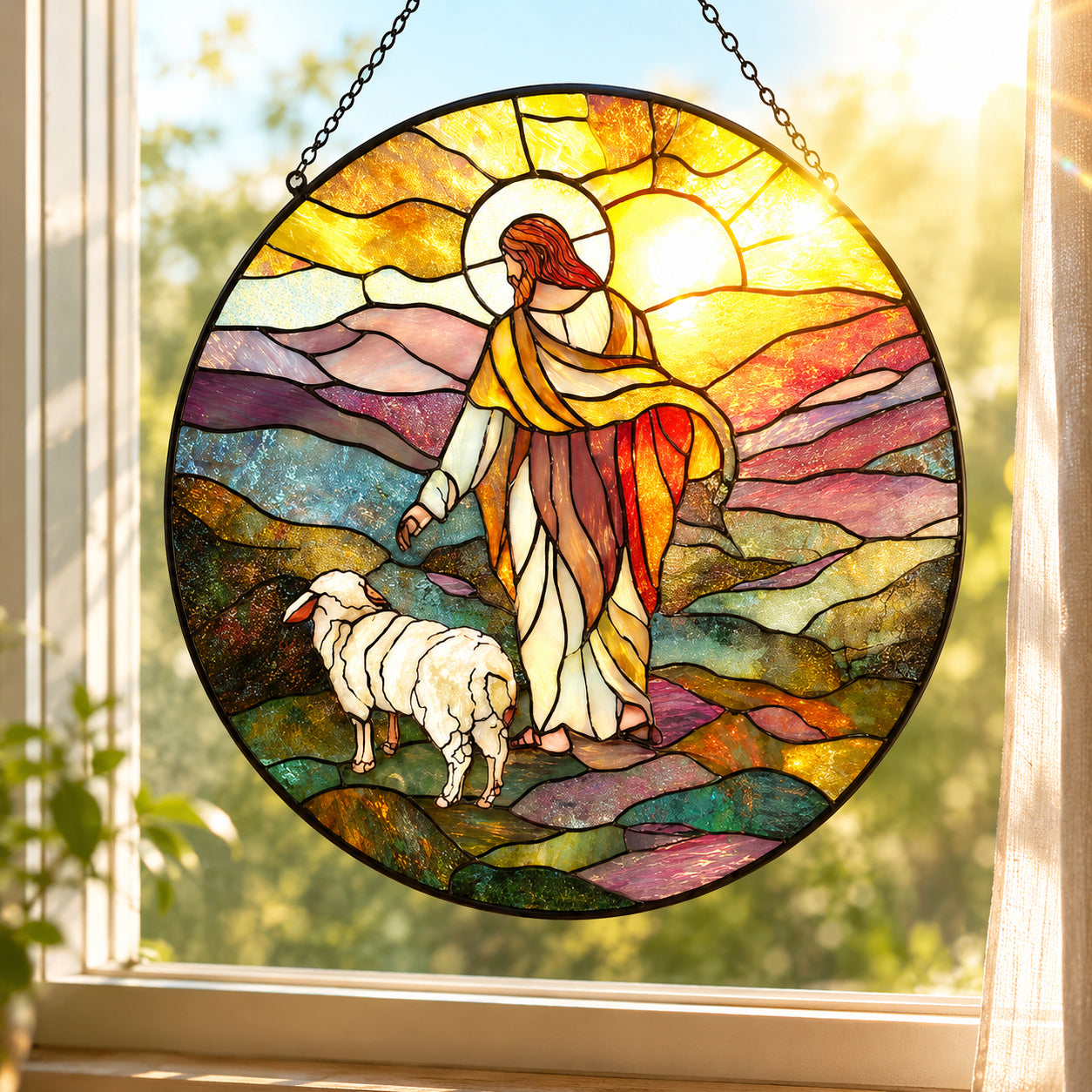 Jesus Good Shepherd Stained Glass Suncatcher – Christ with Lamb Sunset Window Hanging, Christian Religious Faith Gift GLASS30