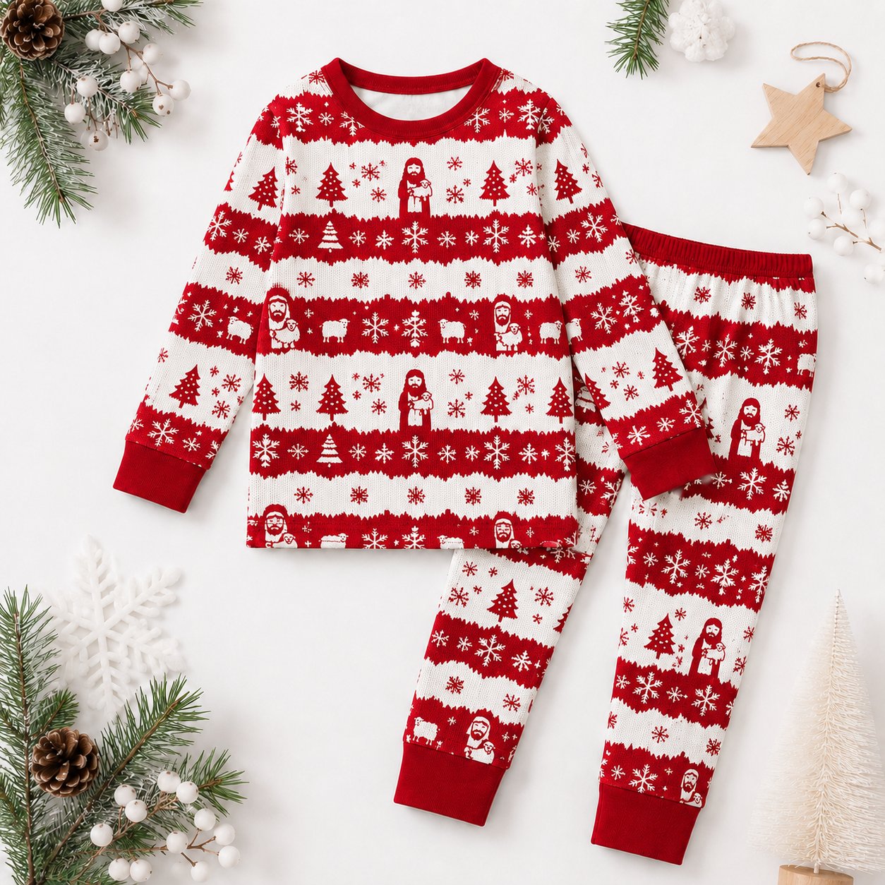Christmas Jesus and Sheep Bamboo Kids Pajamas Set, Christian Fair Isle PJs, Boys Girls Faith Inspired Sleepwear, Christmas Pajamas Set BBPJSS27