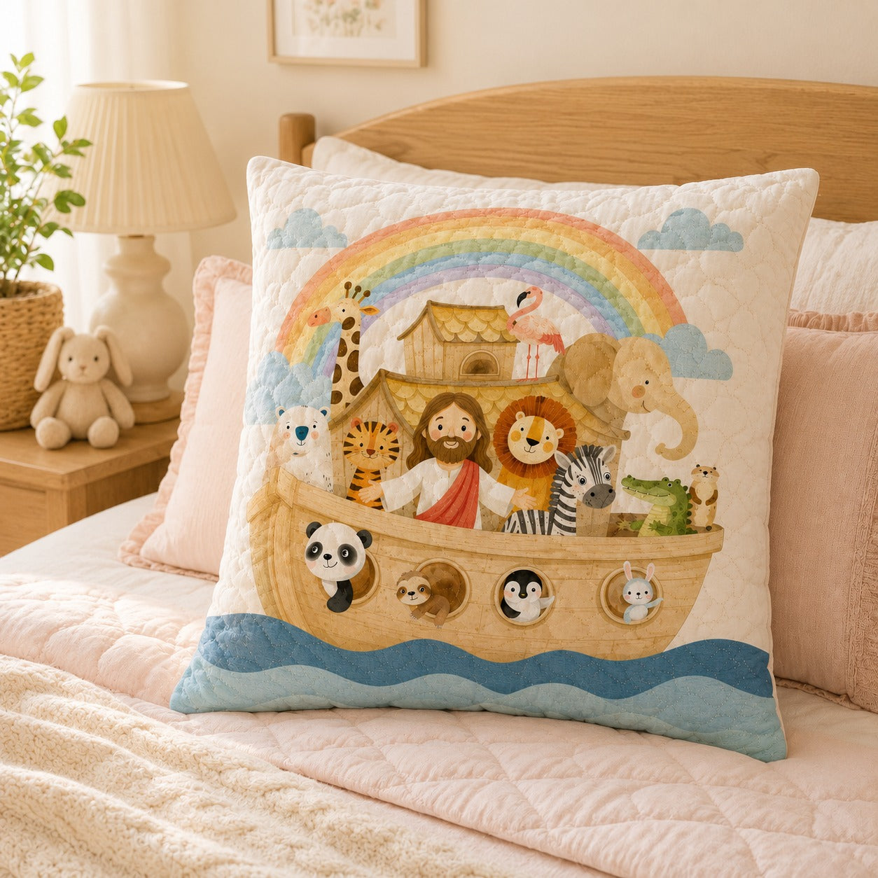 Noah’s Ark Quilted Pillow Case, Christian Kids Pillow Cover, Rainbow Animal Bible Nursery Decor, Religious Gift for Children QPILLOW29