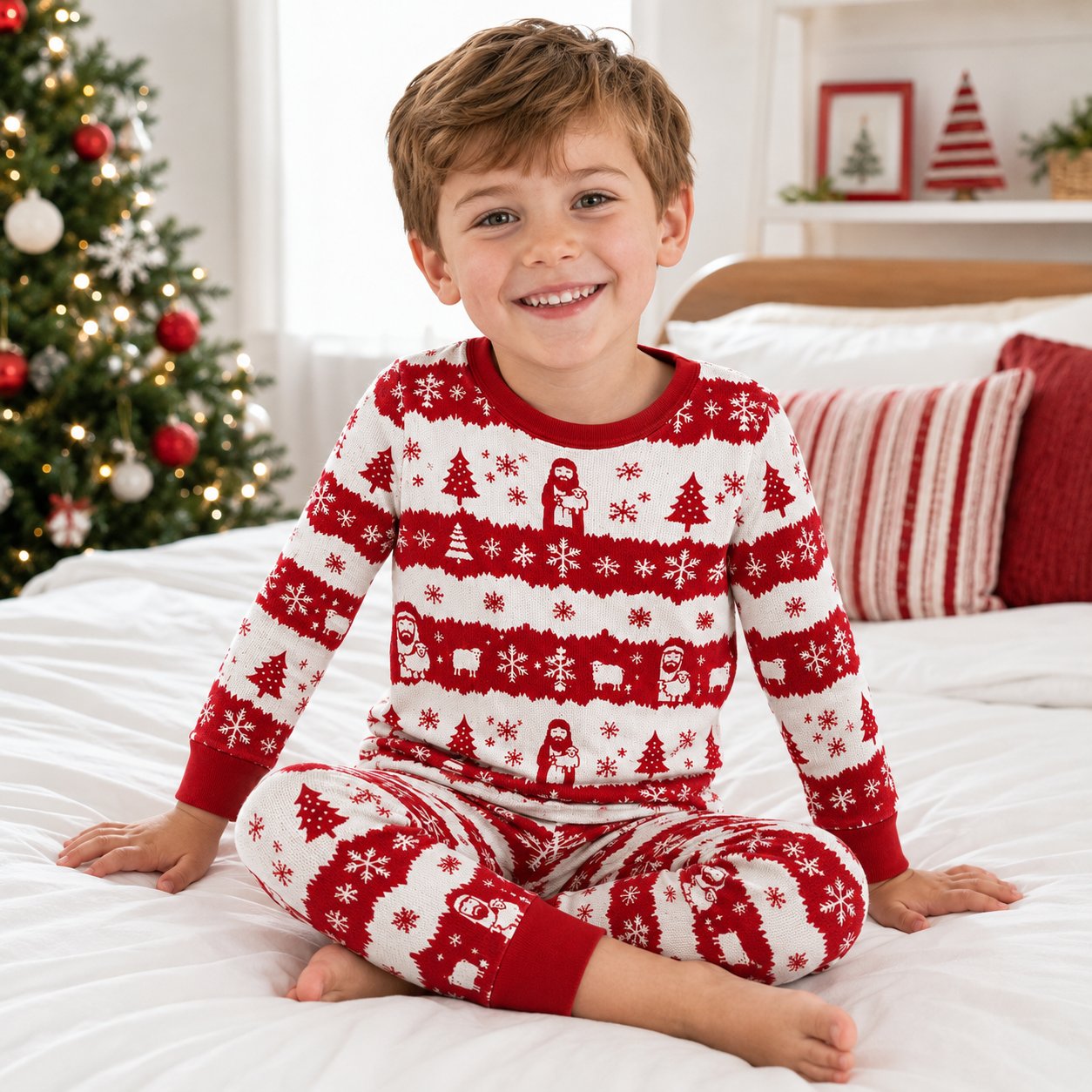 Christmas Jesus and Sheep Bamboo Kids Pajamas Set, Christian Fair Isle PJs, Boys Girls Faith Inspired Sleepwear, Christmas Pajamas Set BBPJSS27