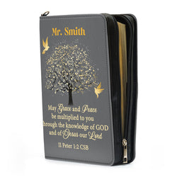 Grace And Peace Leather Book Cover, Personalized Zippered Bible Cover With Handle, Christian Inspirational Gifts For Pastor