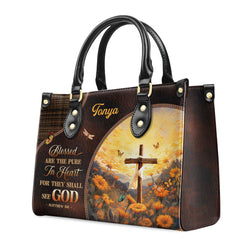 Personalized Christian Leather Handbag, Blessed Are the Pure in Heart Purse Matthew 5:8, Religious Gift for Christian Women BLAF43