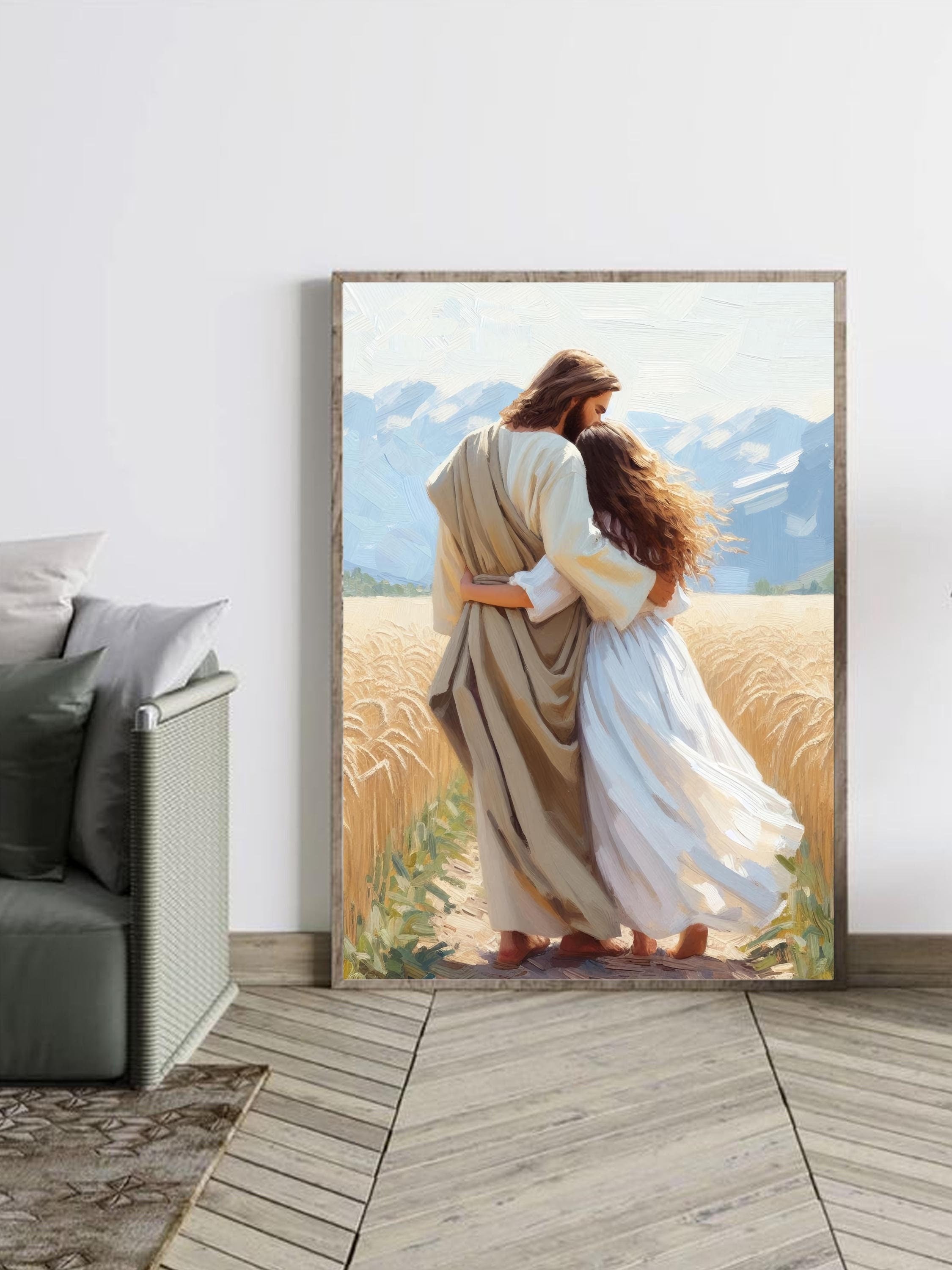 Jesus Hugging Girl Poster, faceless portrait, Jesus and Woman Poster, Jesus Poster, Christian Poster