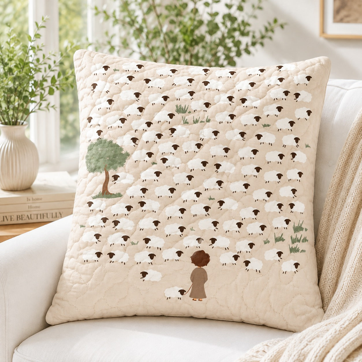 Lost Sheep Quilted Pillow Case, Jesus Shepherd Christian Pillow Cover, Cute Lamb Faith Decor, Religious Gift for Kids QPILLOW30