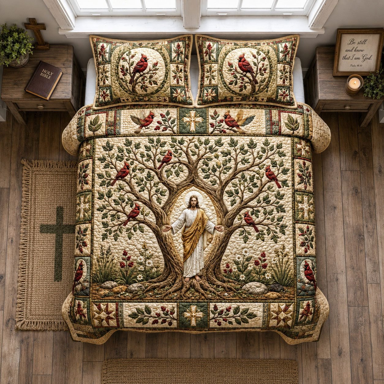 Tree of Life Cardinal Quilted Bedding Set, Cardinal Quilted Blanket And Pillowcases, Personalized Bedding Set, Bedroom Decor LAFBED28