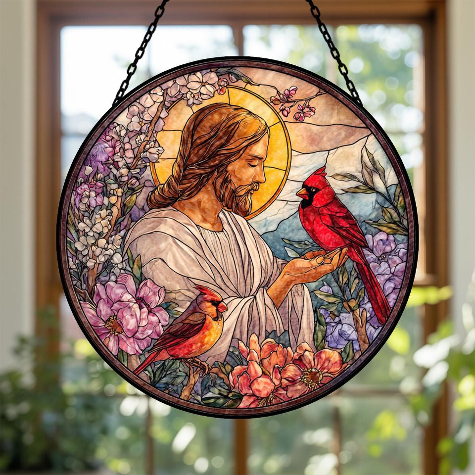 Jesus with Cardinals Stained Glass Suncatcher – Christian Floral Window Hanging, Red Cardinal Religious Faith Home Decor Gift GLASS31