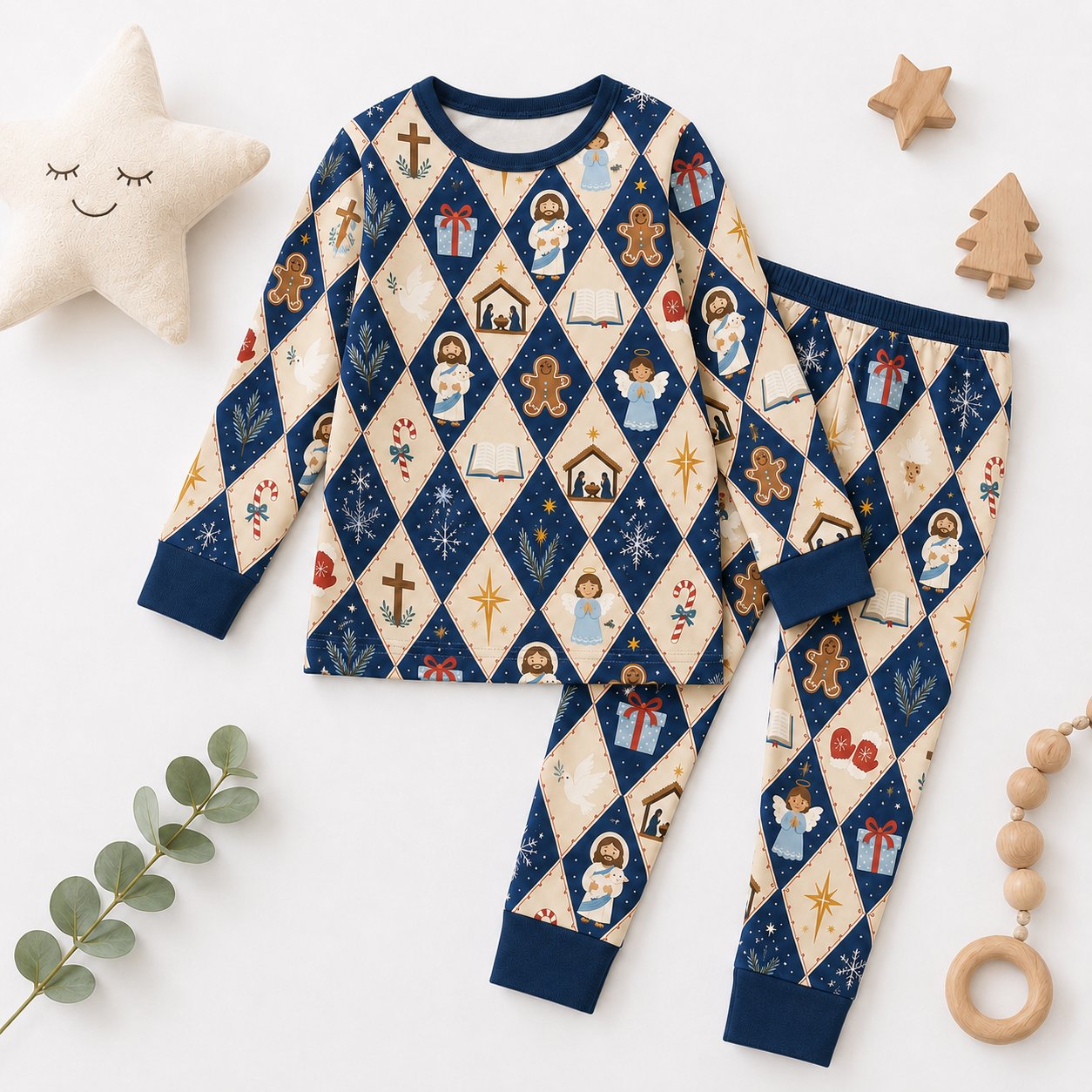 Jesus Nativity Argyle Bamboo Kids Pajamas Set, Christian Boys Girls PJs, Faith Based Long Sleeve Sleepwear BBPJSS28
