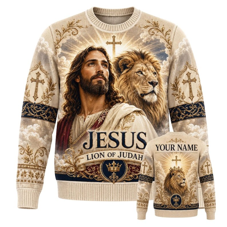 Personalized Jesus Lion of Judah Ugly Christmas Sweater, Custom Name Christian Faith Sweatshirt, Religious Christmas Gift XMASUS31