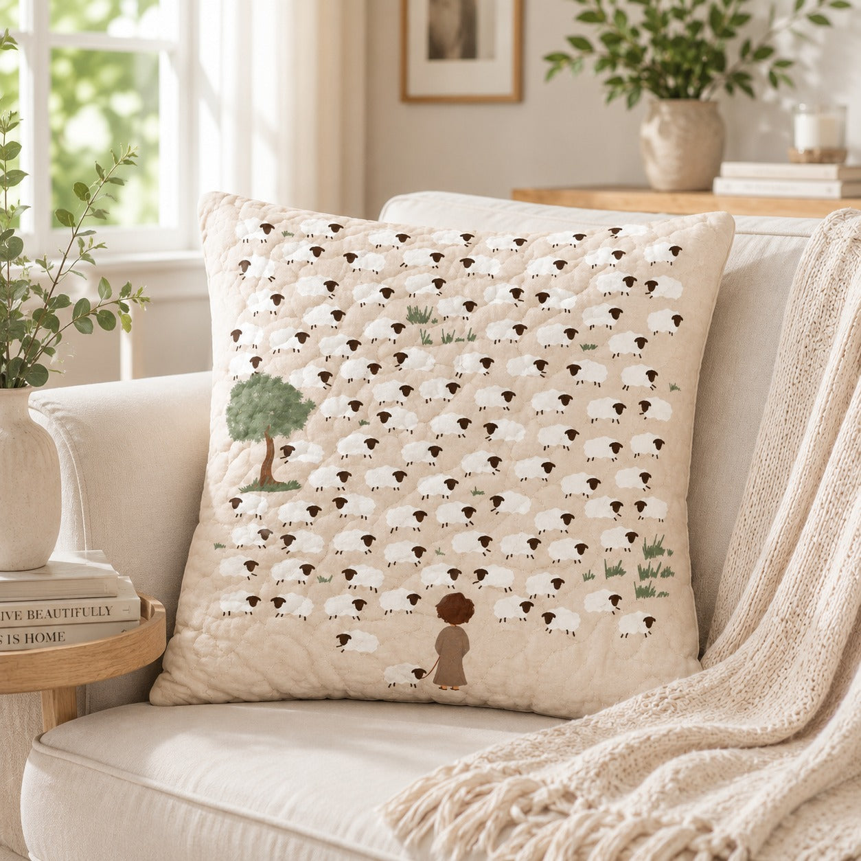 Lost Sheep Quilted Pillow Case, Jesus Shepherd Christian Pillow Cover, Cute Lamb Faith Decor, Religious Gift for Kids QPILLOW30