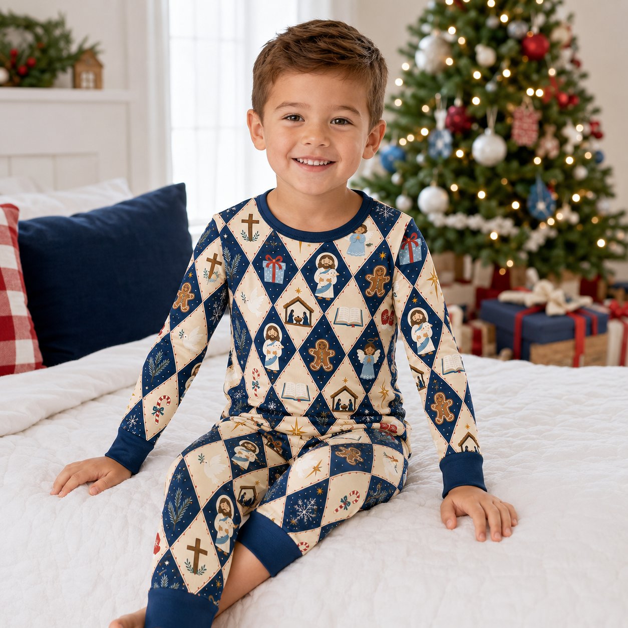 Jesus Nativity Argyle Bamboo Kids Pajamas Set, Christian Boys Girls PJs, Faith Based Long Sleeve Sleepwear BBPJSS28