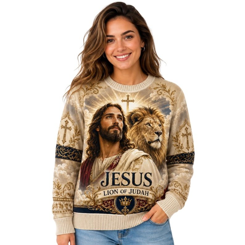 Personalized Jesus Lion of Judah Ugly Christmas Sweater, Custom Name Christian Faith Sweatshirt, Religious Christmas Gift XMASUS31
