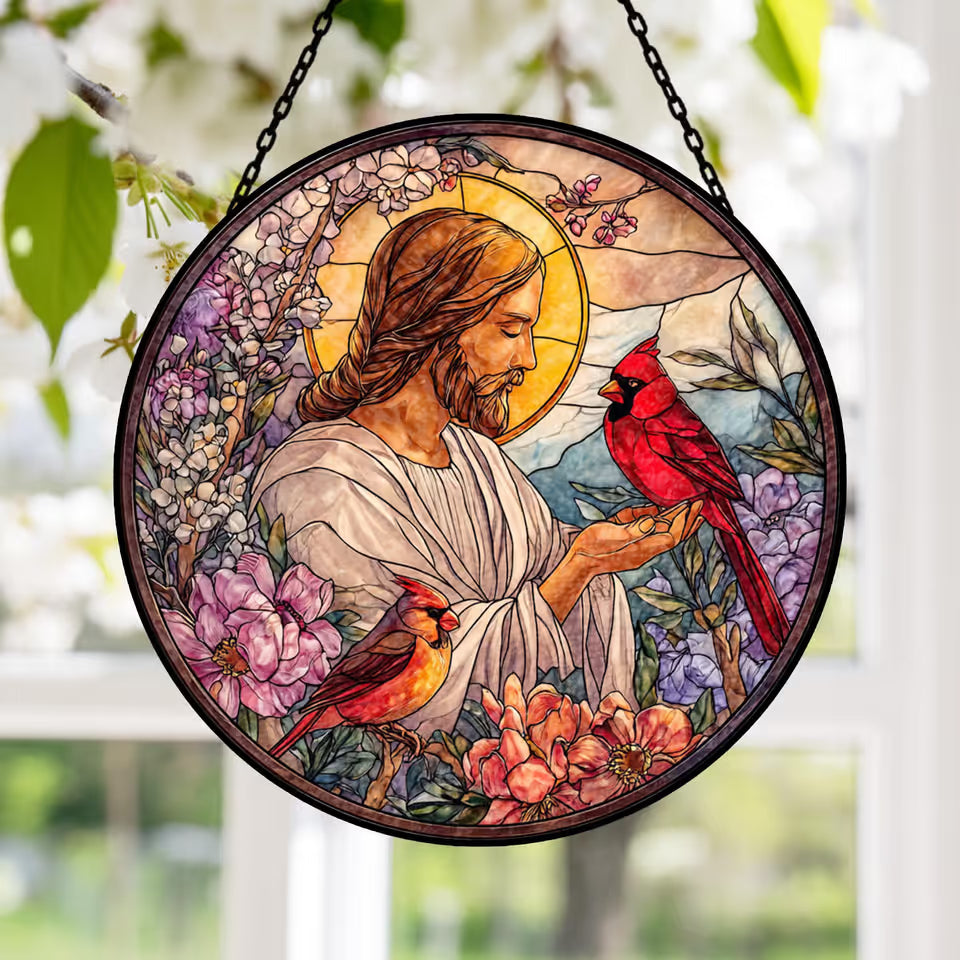 Jesus with Cardinals Stained Glass Suncatcher – Christian Floral Window Hanging, Red Cardinal Religious Faith Home Decor Gift GLASS31