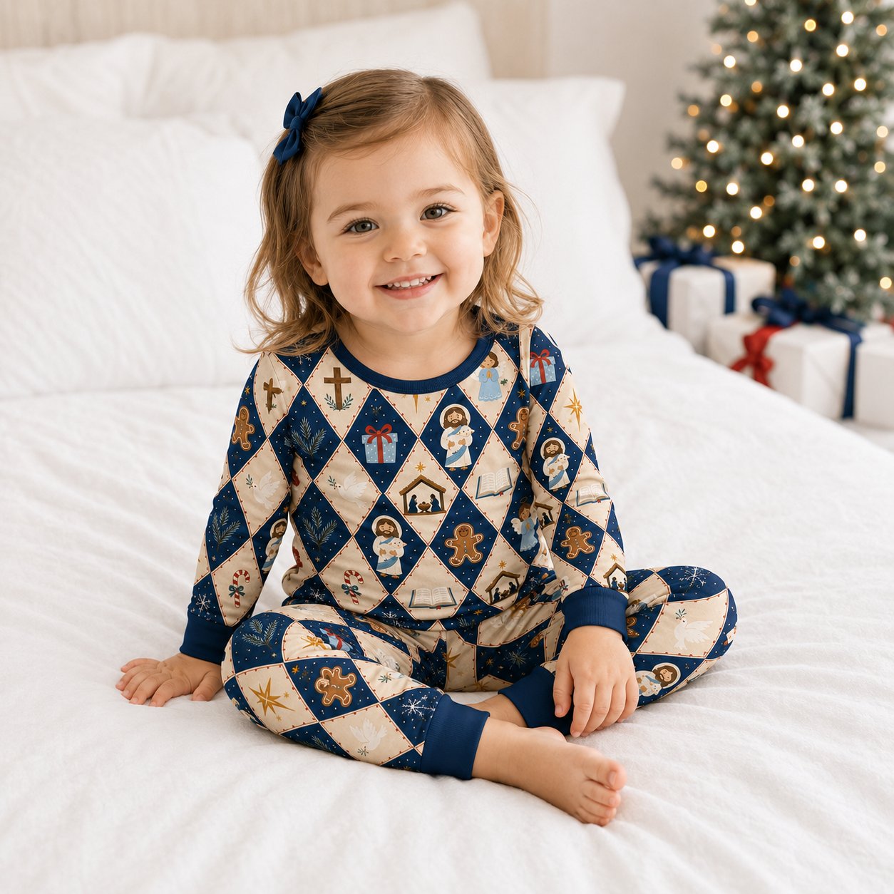 Jesus Nativity Argyle Bamboo Kids Pajamas Set, Christian Boys Girls PJs, Faith Based Long Sleeve Sleepwear BBPJSS28