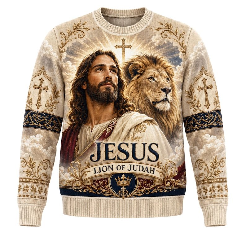 Personalized Jesus Lion of Judah Ugly Christmas Sweater, Custom Name Christian Faith Sweatshirt, Religious Christmas Gift XMASUS31