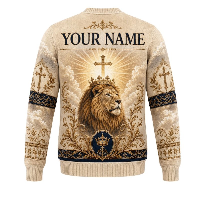 Personalized Jesus Lion of Judah Ugly Christmas Sweater, Custom Name Christian Faith Sweatshirt, Religious Christmas Gift XMASUS31