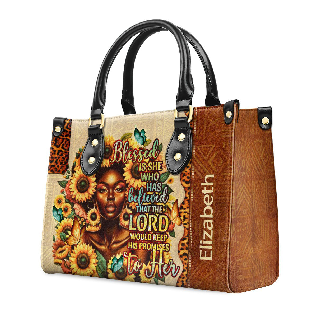 Personalized Christian Leather Handbag, Blessed Is She Who Has Believed Luke 1:45 Tote Bag, Sunflower Bible Verse Purse for Women of Faith BLAF44