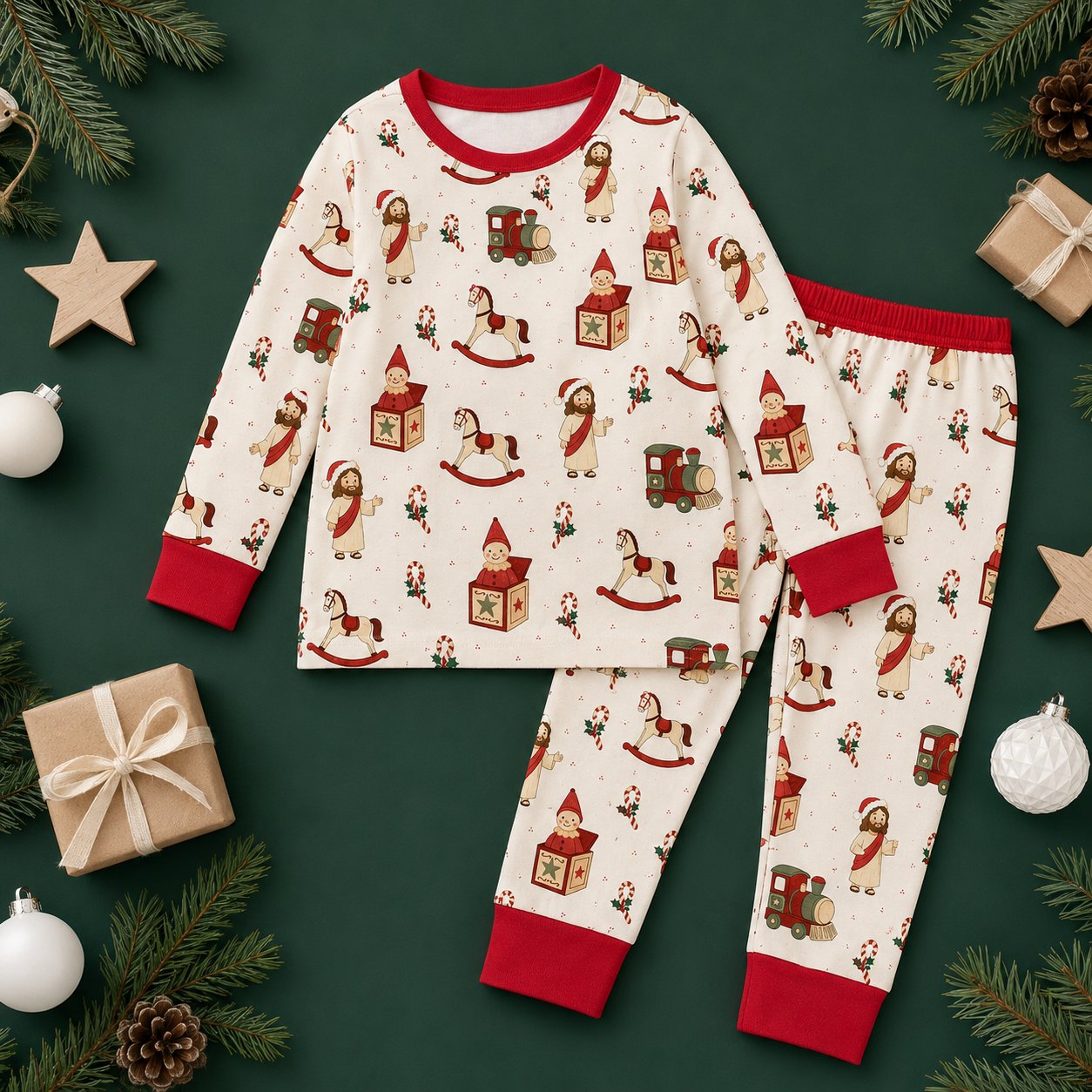 Jesus and Vintage Toys Bamboo Kids Pajamas Set, Christian Boys Girls PJs, Faith Inspired Toddler Sleepwear BBPJSS29