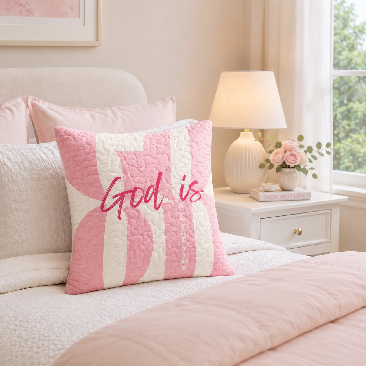 God Is All The Time Quilted Pillow Case, Pink Christian Pillow Cover, Retro Faith Home Decor, Christian Gift QPILLOW31