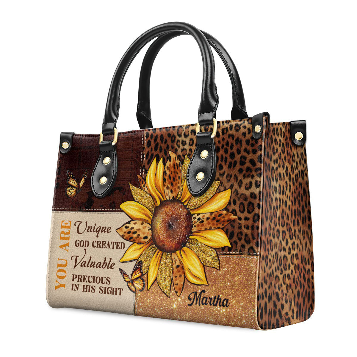 Personalized Christian Leather Handbag, Sunflower Leopard Print Purse, You Are Unique Valuable Precious Bible Verse Bag BLAF45