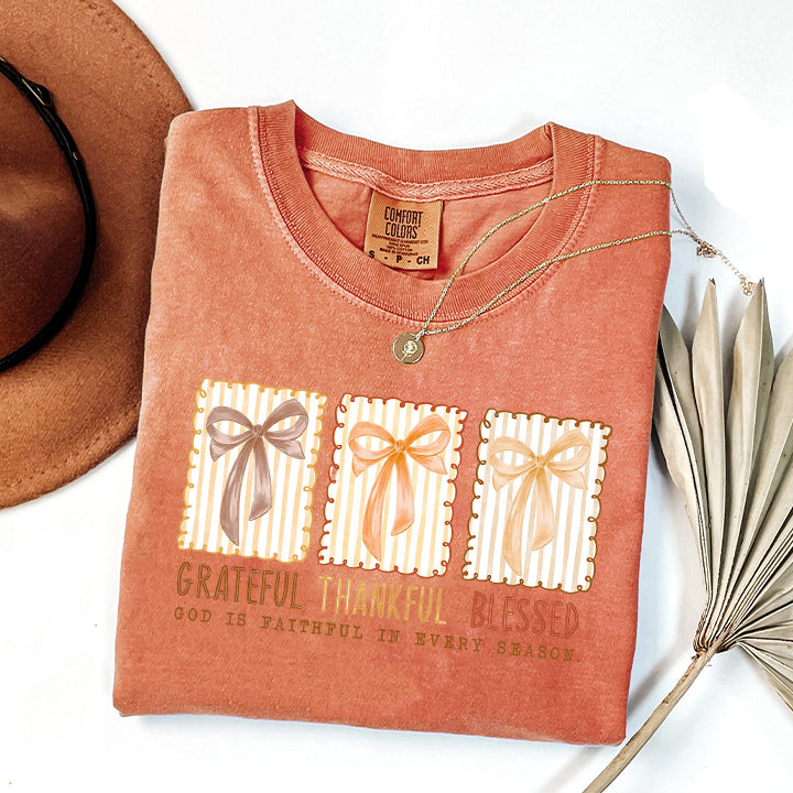 Grateful Thankful Blessed Comfort Color, Coquette Fall Season Sweater, Christian Fall Bow Shirt, Faith Based Autumn Sublimation, Religious Fall Shirts