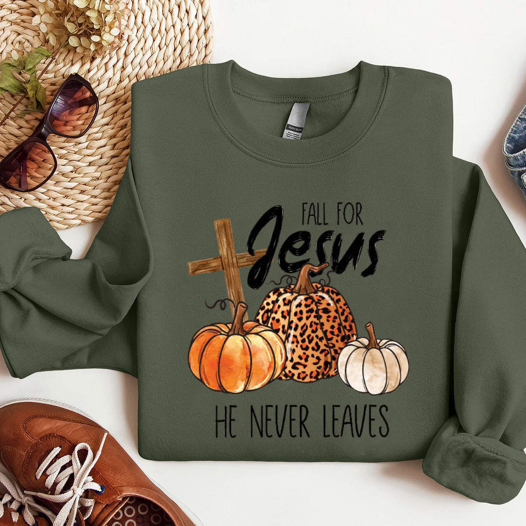 Fall Sweatshirt, Fall For Jesus He Never Leaves Shirt, Autumn Sweatshirt, Thanksgiving Sweatshirt, Fall For Jesus Shirt, Jesus Sweatshirt ILAF56