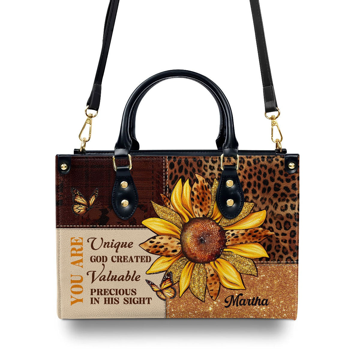 Personalized Christian Leather Handbag, Sunflower Leopard Print Purse, You Are Unique Valuable Precious Bible Verse Bag BLAF45