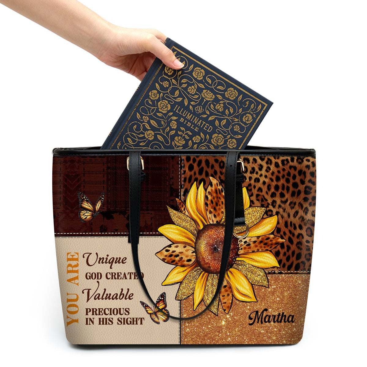 Personalized Christian Leather Handbag, Sunflower Leopard Print Purse, You Are Unique Valuable Precious Bible Verse Bag BLAF45