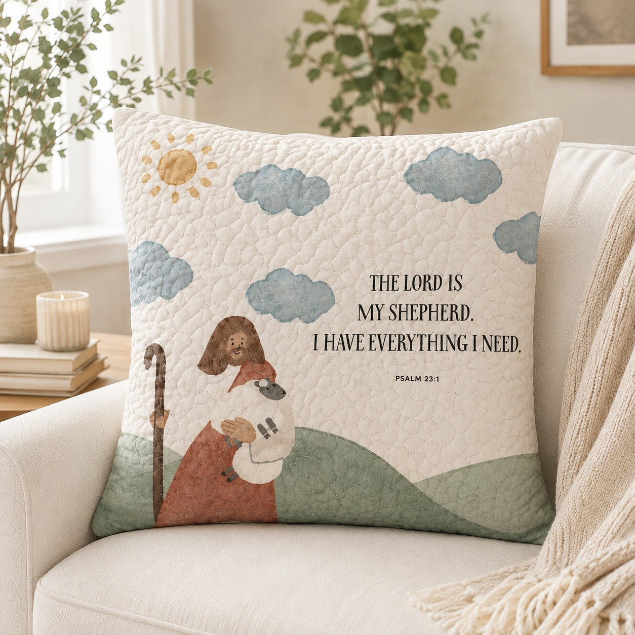 The Lord Is My Shepherd Quilted Pillow Case, Psalm 23:1 Christian Pillow Cover, Jesus and Lamb Faith Home Decor QPILLOW32