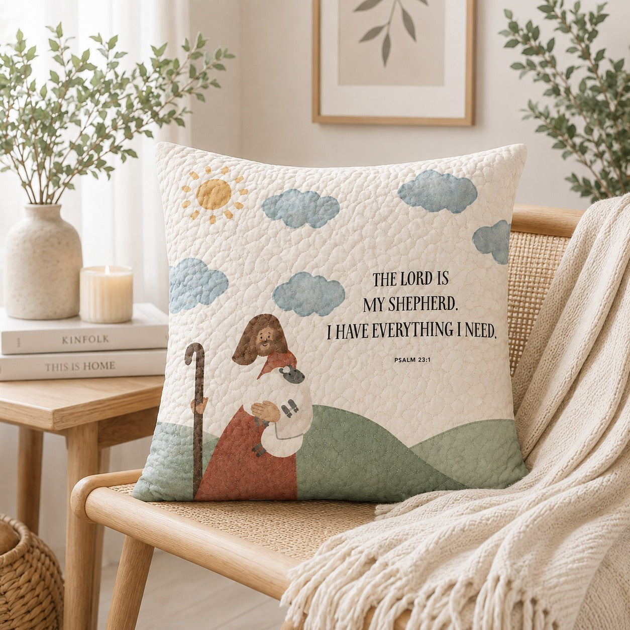 The Lord Is My Shepherd Quilted Pillow Case, Psalm 23:1 Christian Pillow Cover, Jesus and Lamb Faith Home Decor QPILLOW32