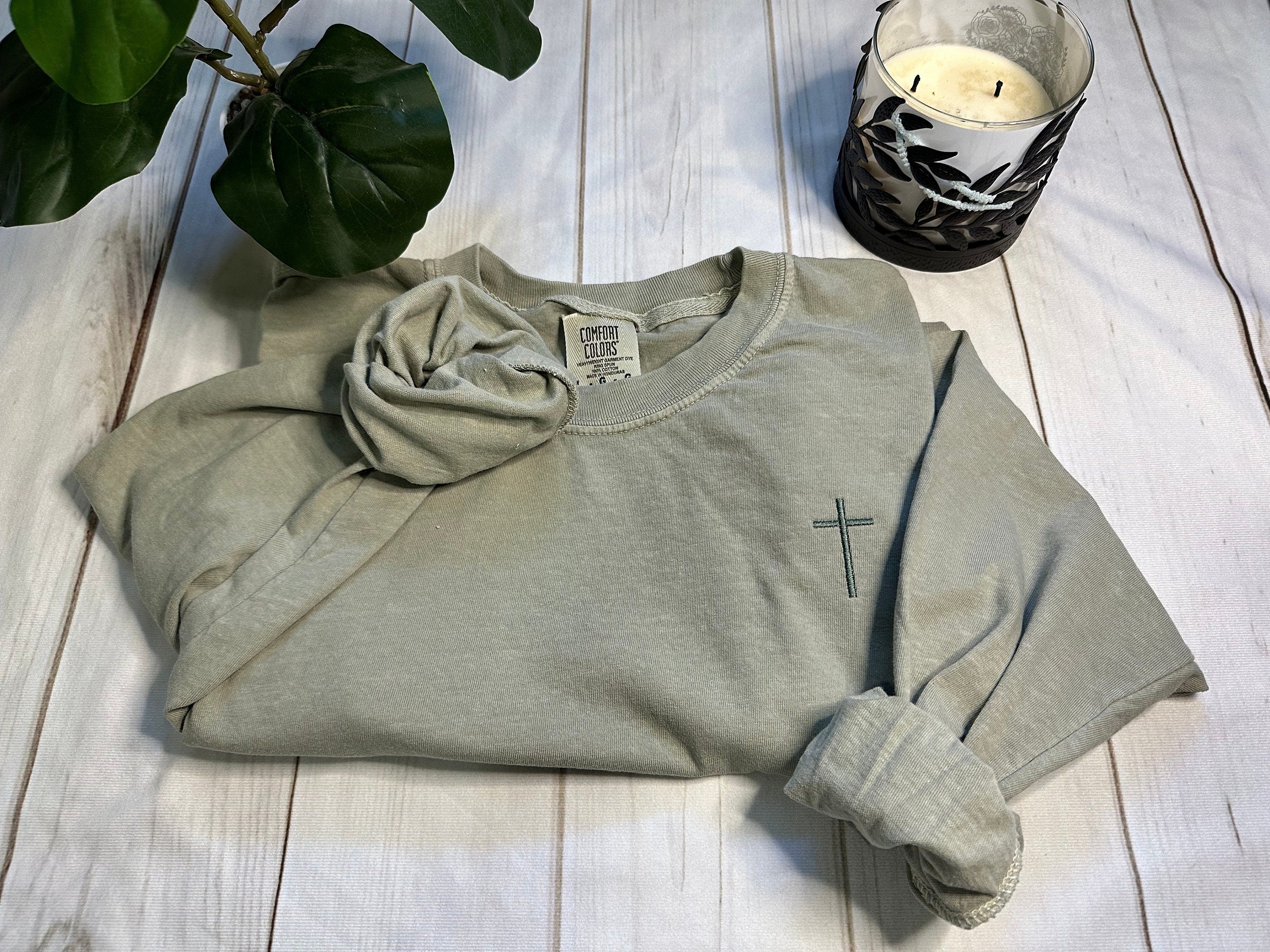 Cross Embroidered Long Sleeve Shirt, Comfort color, Christian Clothing, Jesus Clothing, Jesus T-Shirt, Embroidered Shirt