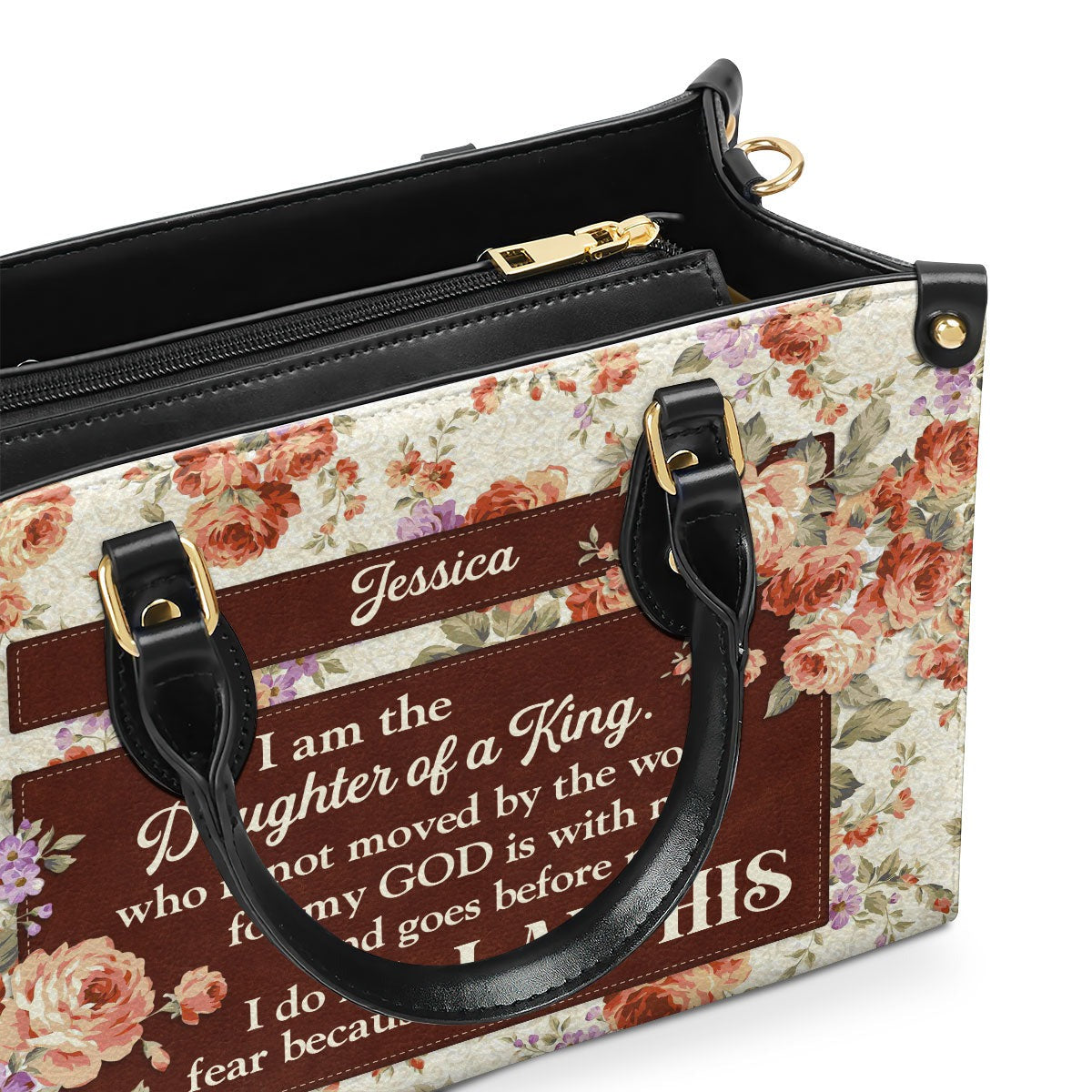 Personalized Christian Leather Handbag,  Floral Scripture Purse, Daughter of a King I Am His Bible Verse Bag for Women BLAF46