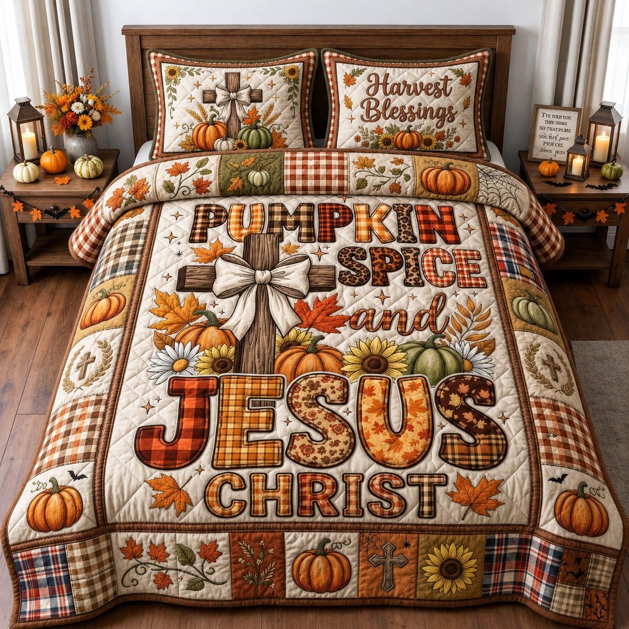 Fall Jesus Quilted Bedding Set, Pumpkin Jesus Christian Quilted Blanket And Pillowcases, Personalized Bedding Set, Bedroom Decor LAFBED31