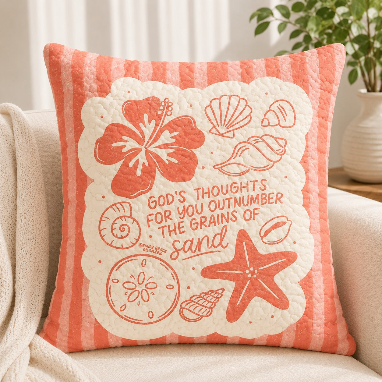 God’s Thoughts Outnumber the Grains of Sand Quilted Pillow Case, Christian Beach Pillow Cover, Coastal Faith Home Decor QPILLOW33