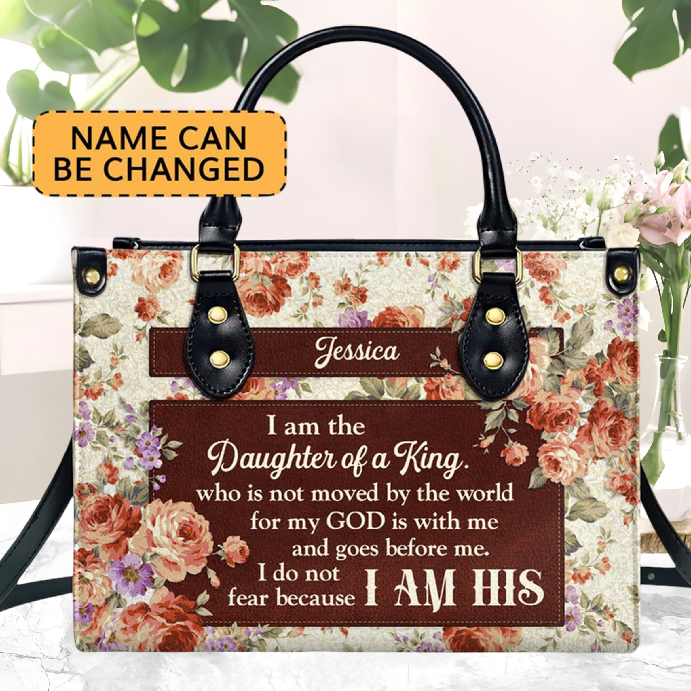 Personalized Christian Leather Handbag,  Floral Scripture Purse, Daughter of a King I Am His Bible Verse Bag for Women BLAF46