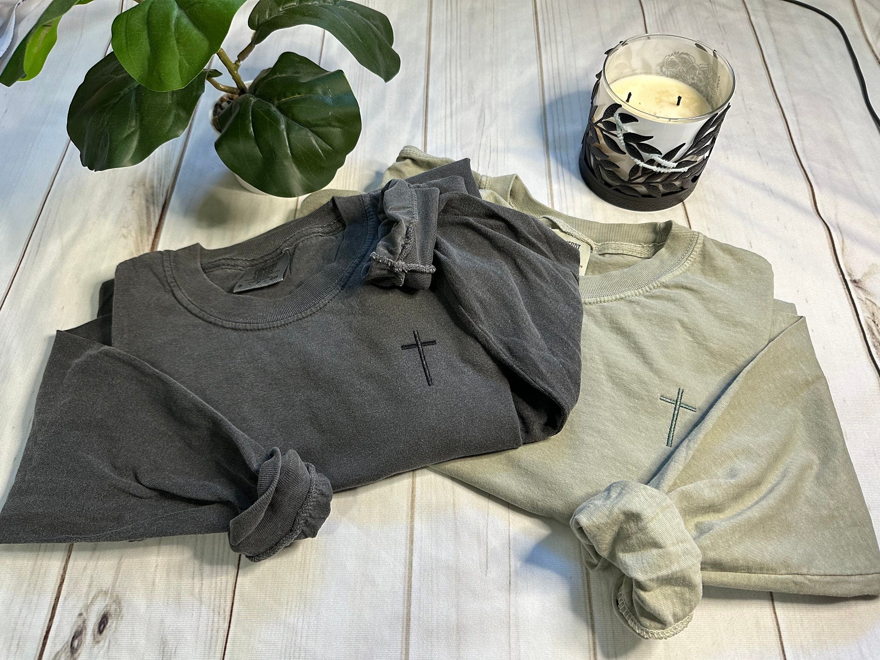 Cross Embroidered Long Sleeve Shirt, Comfort color, Christian Clothing, Jesus Clothing, Jesus T-Shirt, Embroidered Shirt