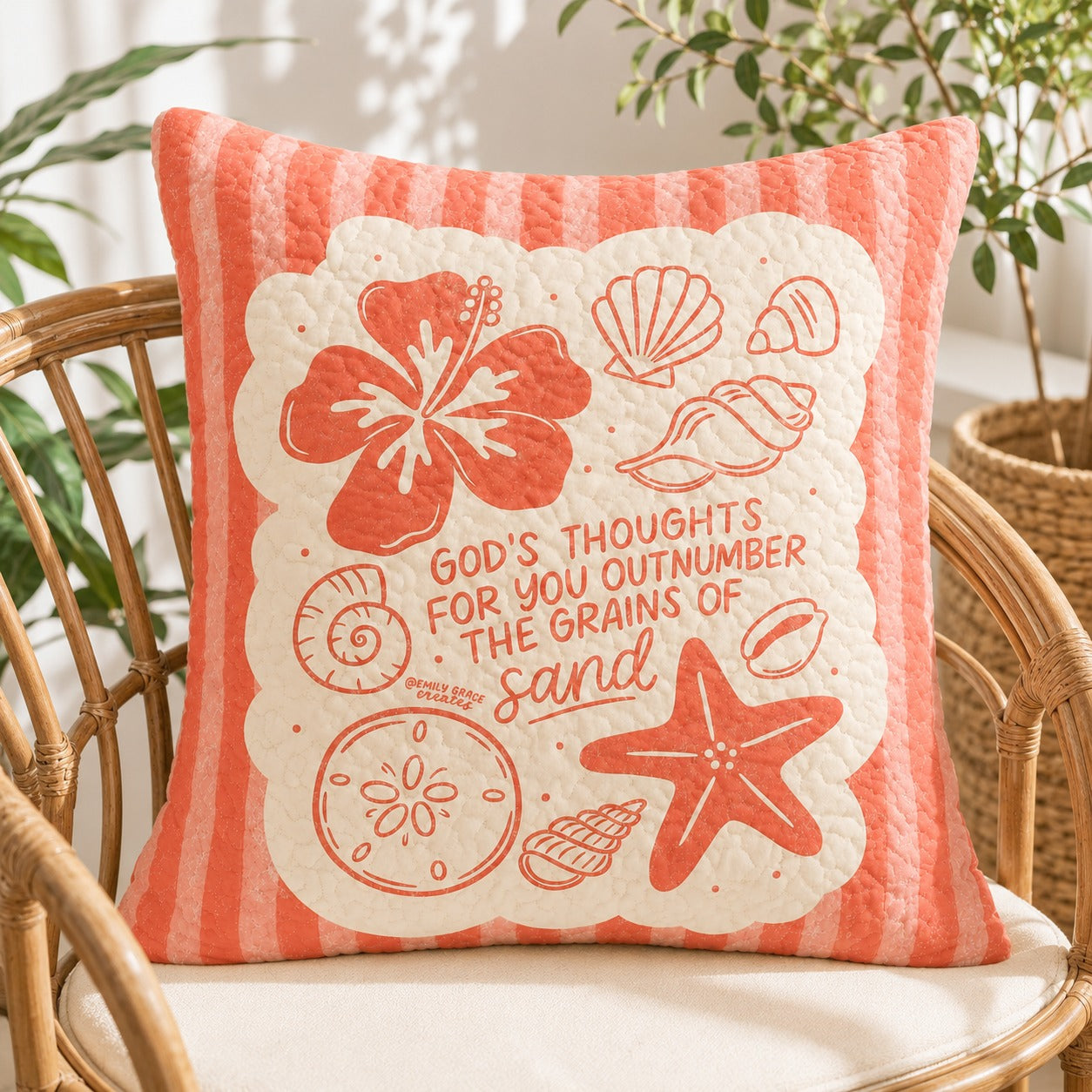 God’s Thoughts Outnumber the Grains of Sand Quilted Pillow Case, Christian Beach Pillow Cover, Coastal Faith Home Decor QPILLOW33