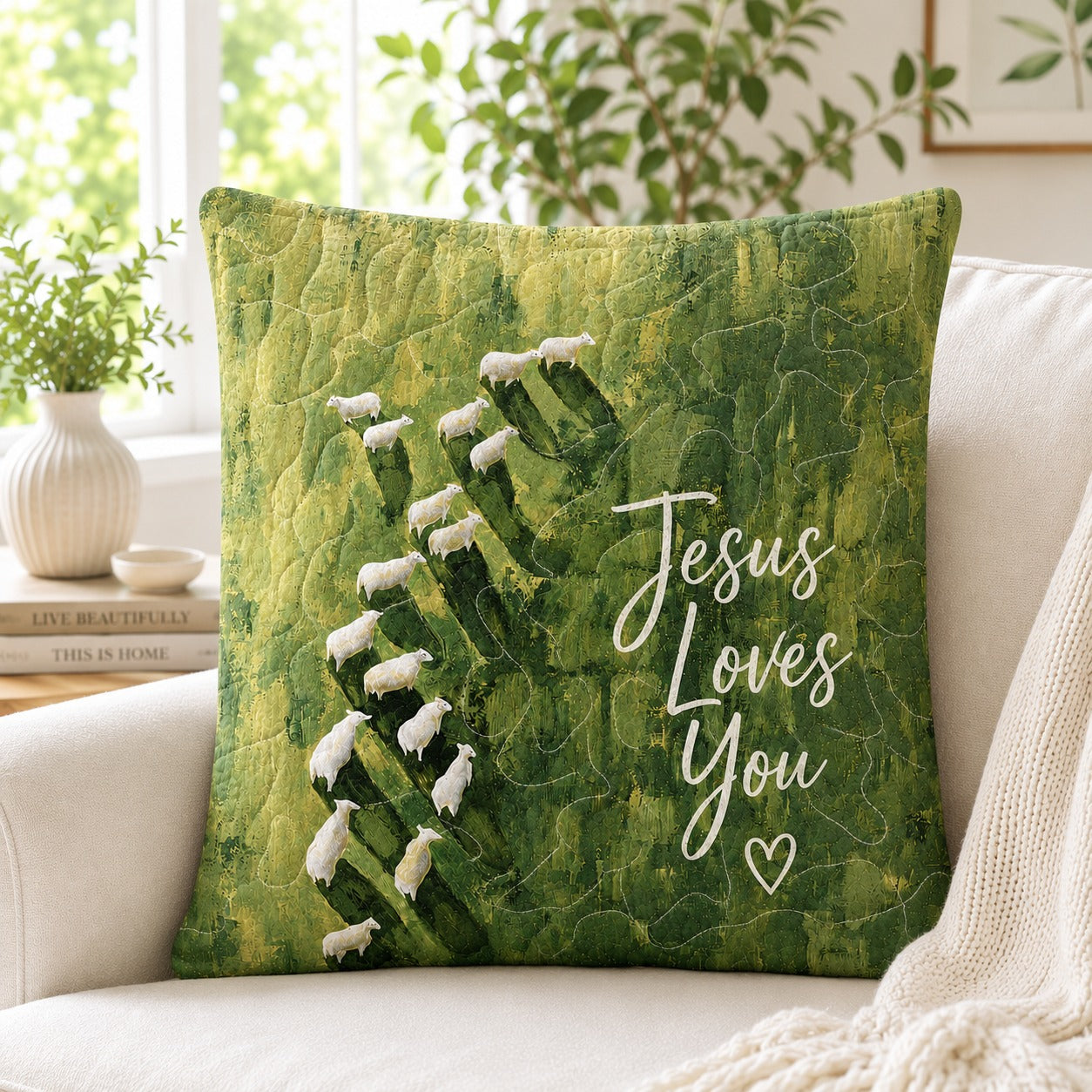 Jesus Loves You Quilted Pillow Case, Green Sheep Christian Pillow Cover, Good Shepherd Faith Decor, Religious Gift QPILLOW34