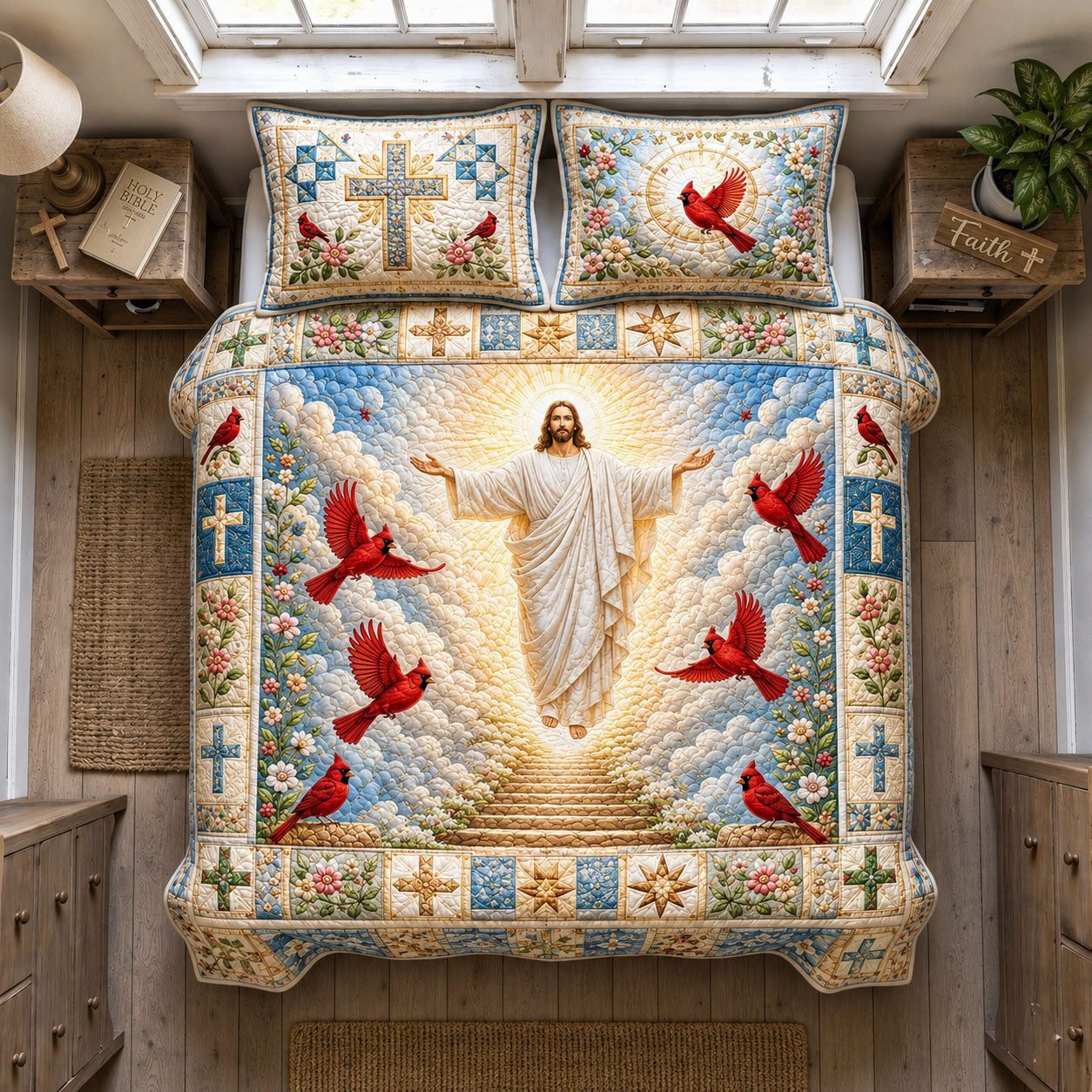 Religious Quilted Bedding Set, Jesus Red Cardinal Quilted Blanket And Pillowcases, Personalized Bedding Set, Bedroom Decor LAFBED32