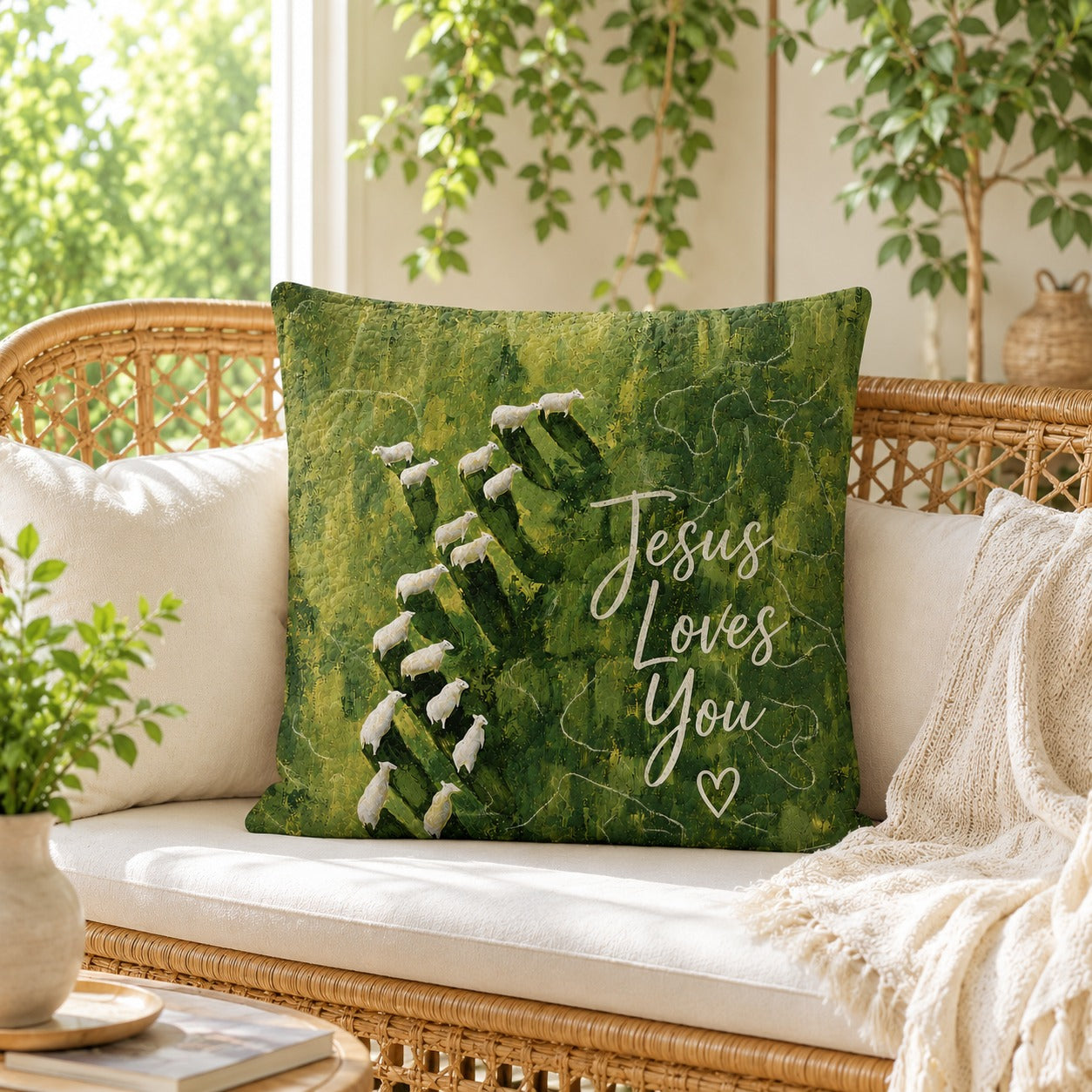 Jesus Loves You Quilted Pillow Case, Green Sheep Christian Pillow Cover, Good Shepherd Faith Decor, Religious Gift QPILLOW34