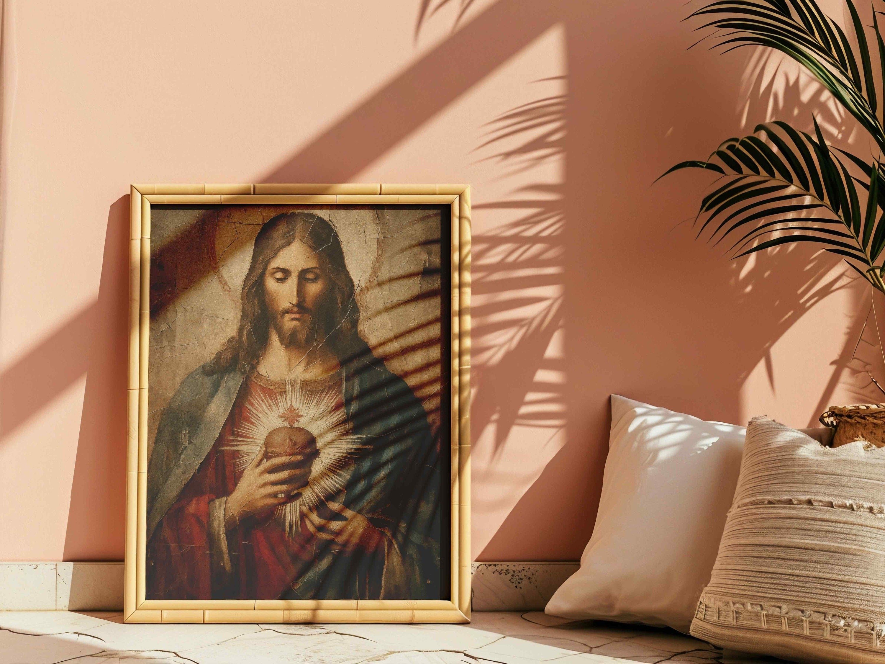 Sacred Heart of Jesus Poster, Antique Divine Light, Jesus Poster, Christian Art Poster