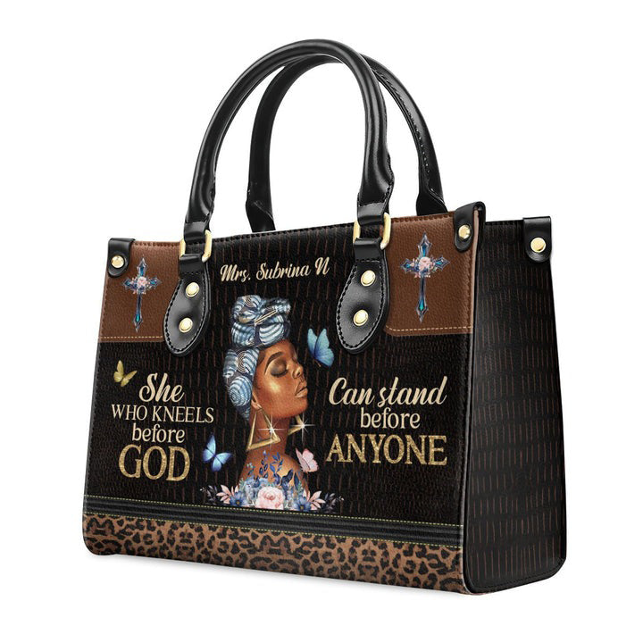 Personalized Christian Leather Handbag, She Who Kneels Before God Purse Tote Bag, Inspirational Faith Bag for Women BLAF48