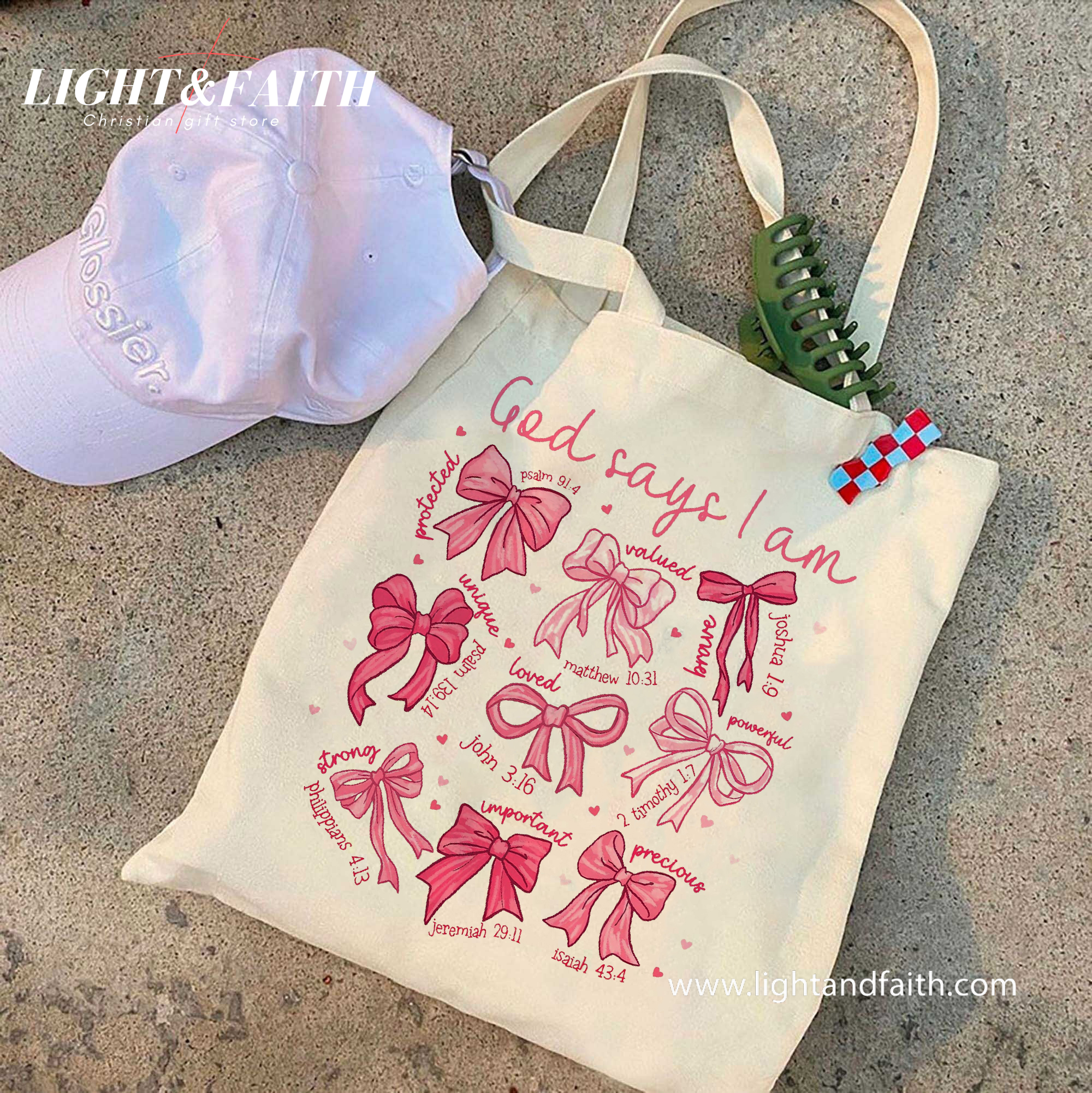 God Says I Am Tote Bag, Christian Bible Verse Bow Tote, Faith Girl Scripture Tote Bag, Cute Pastel Pink Jesus Tote, Christian Gift for Her TBLAF36