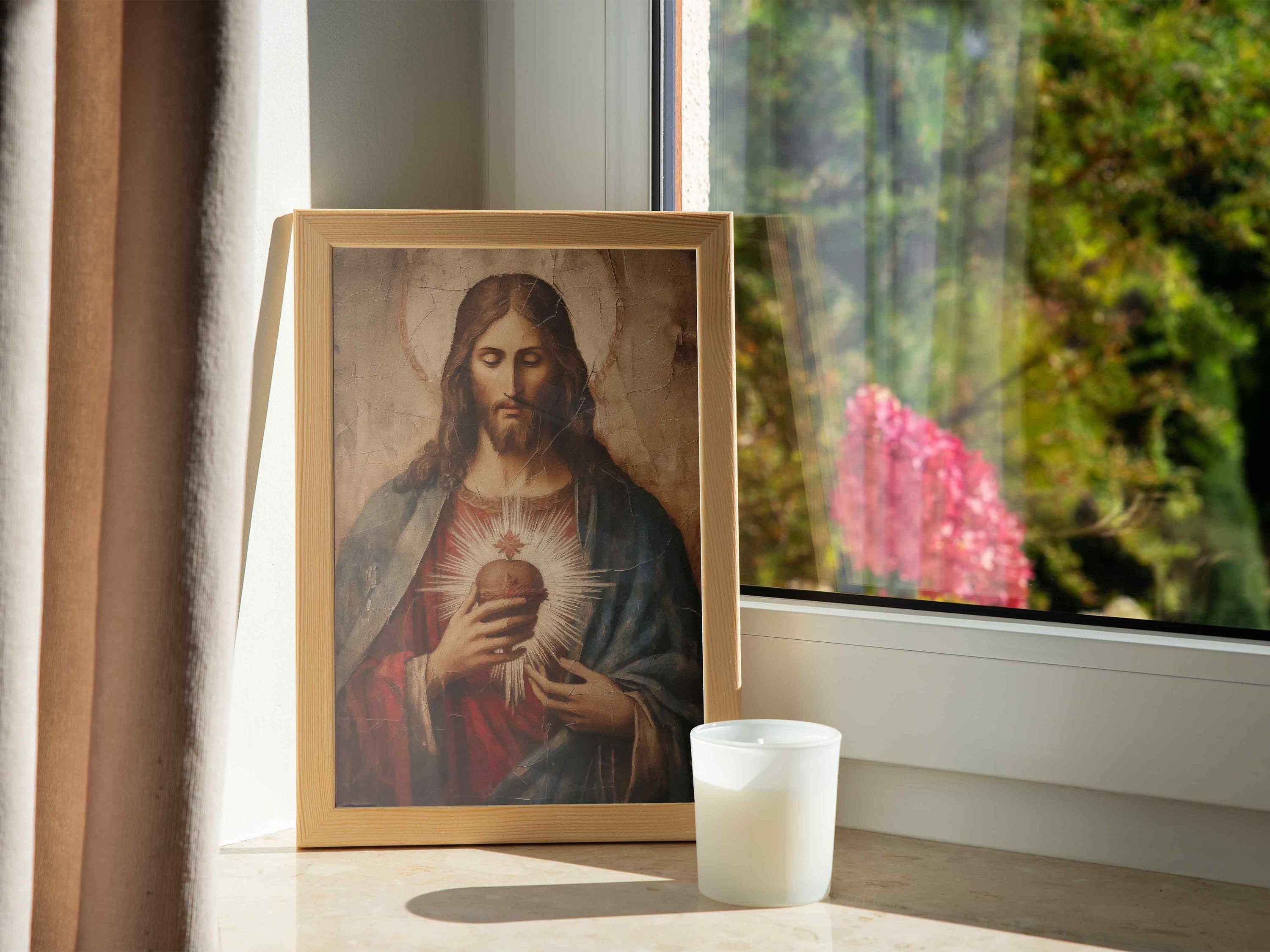 Sacred Heart of Jesus Poster, Antique Divine Light, Jesus Poster, Christian Art Poster