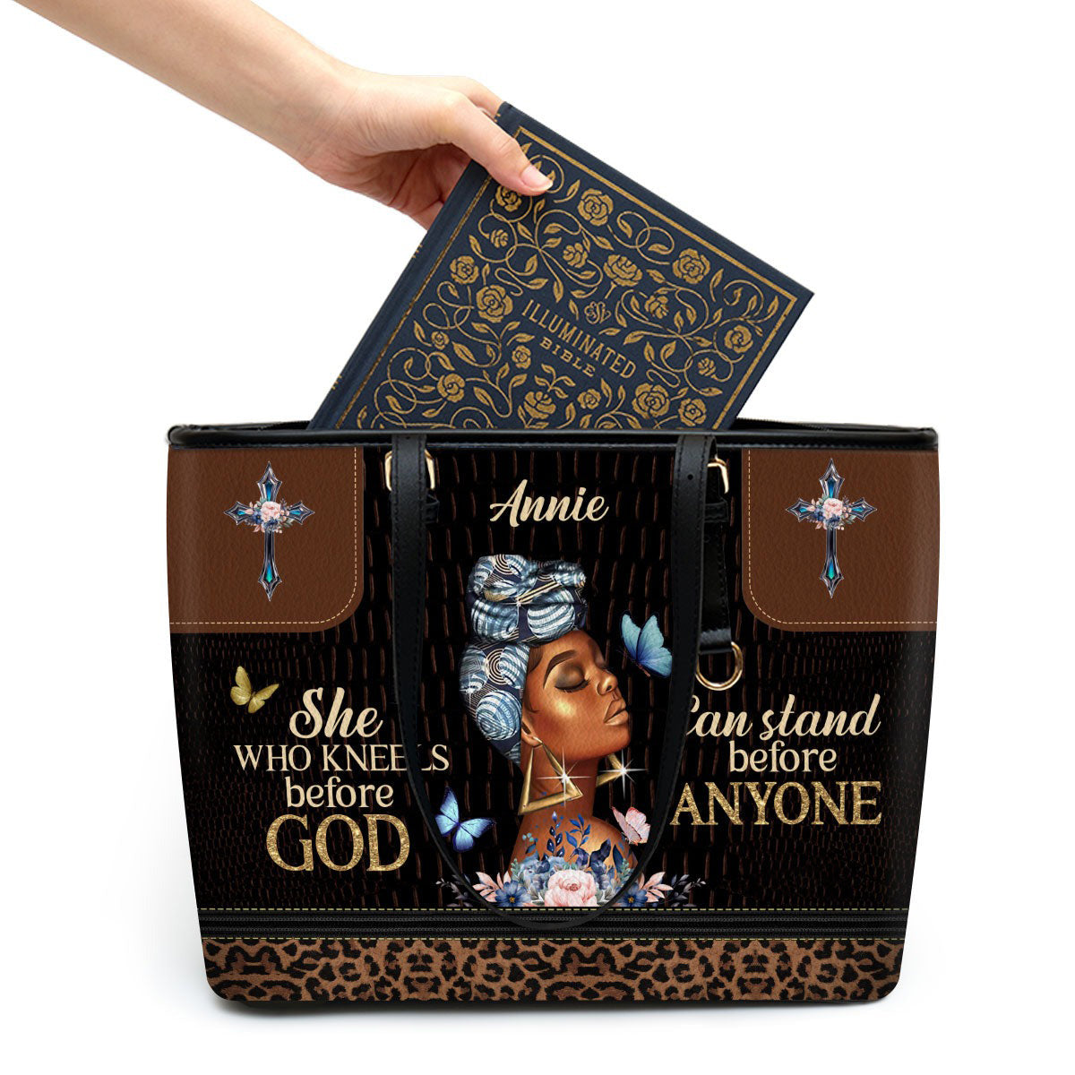 Personalized Christian Leather Handbag, She Who Kneels Before God Purse Tote Bag, Inspirational Faith Bag for Women BLAF48