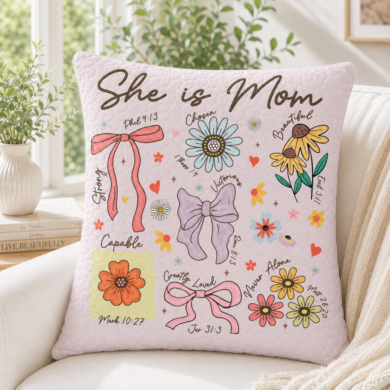 She Is Mom Quilted Pillow Case, Christian Mother’s Day Pillow Cover, Bible Verse Floral Faith Gift for Mom QPILLOW35