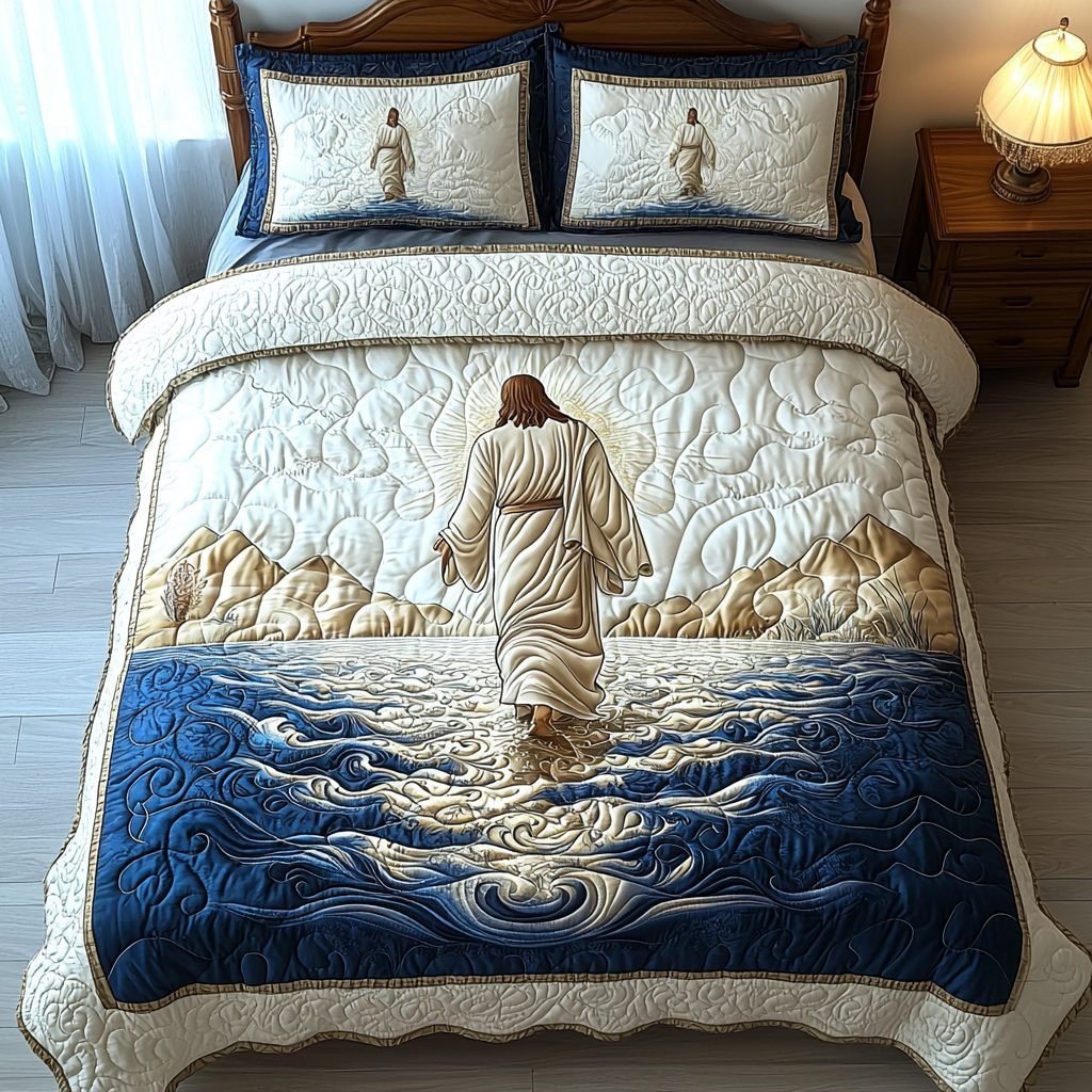 Religious Quilted Bedding Set, Jesus Ocean Quilted Blanket And Pillowcases, Personalized Bedding Set, Bedroom Decor LAFBED33