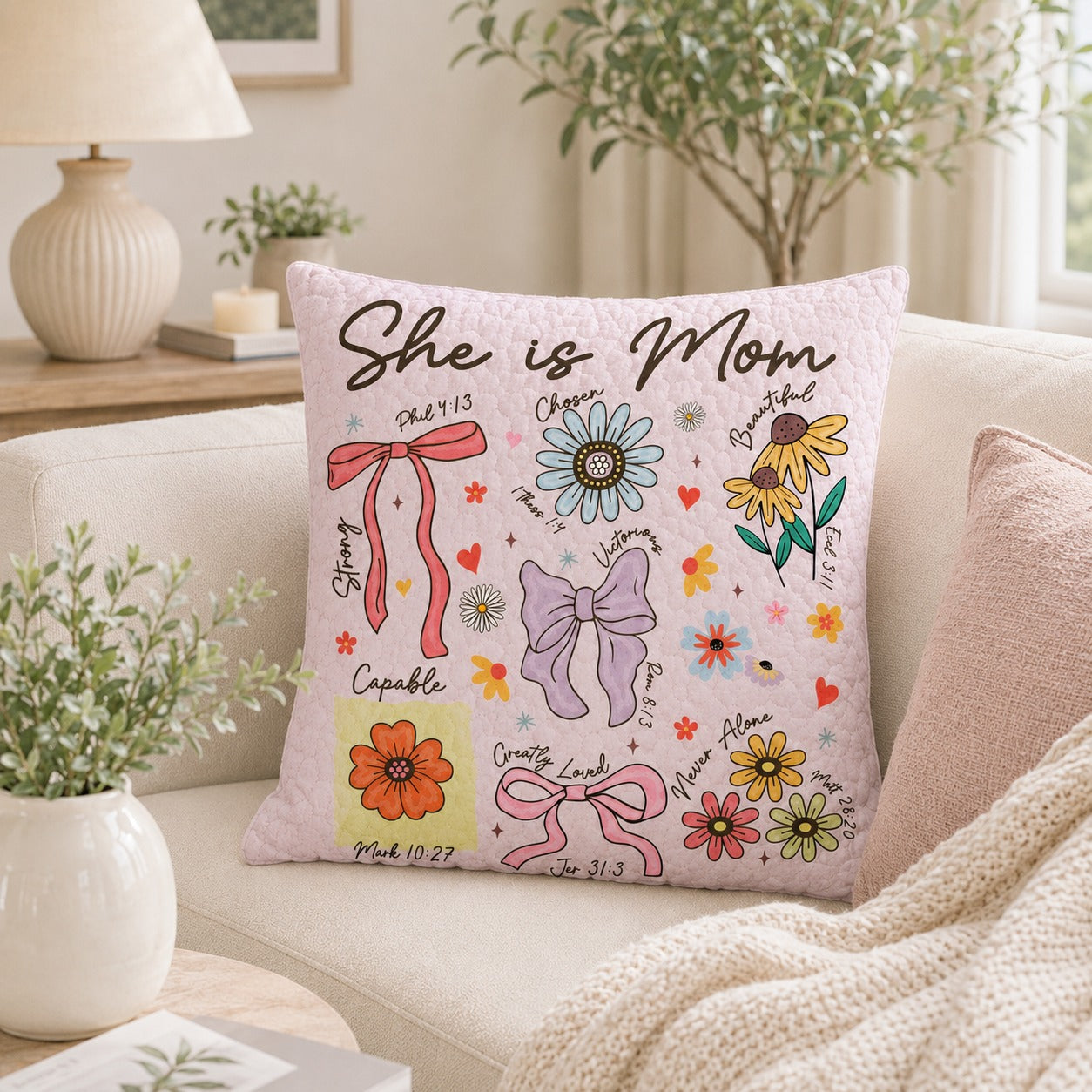 She Is Mom Quilted Pillow Case, Christian Mother’s Day Pillow Cover, Bible Verse Floral Faith Gift for Mom QPILLOW35