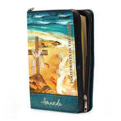 Footprints In The Sand Leather Book Cover, Personalized Bible Cover, Leather Bible Case With Name, Christian Gift, Bible Covers Jesus Gifts