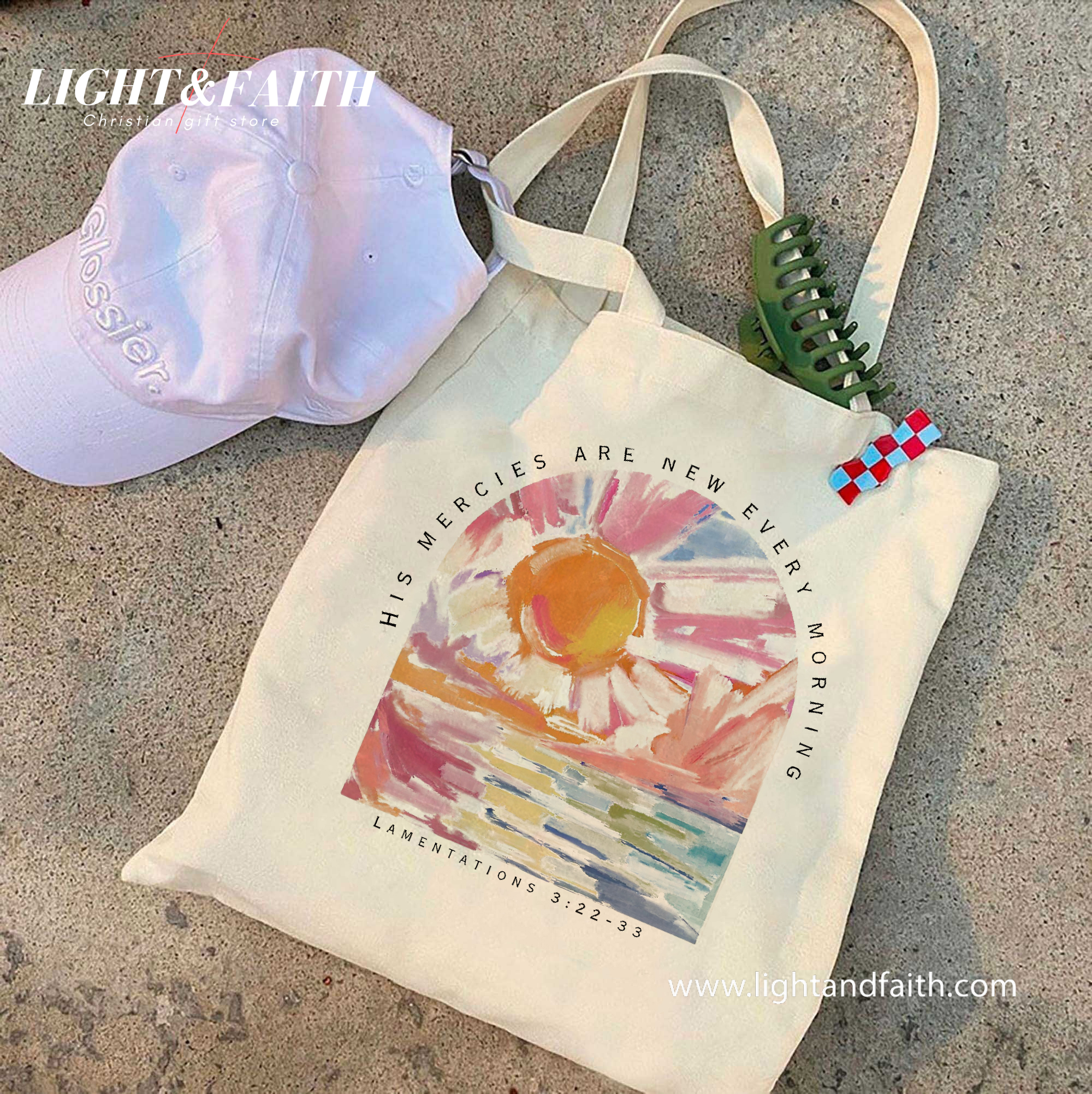 His Mercies Are New Every Morning Tote Bag, Lamentations 3:22 Bible Verse Tote, Christian Watercolor Sunrise Faith Canvas Bag Gift TBLAF37